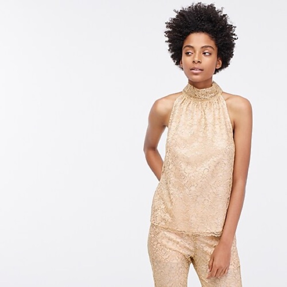 J. Crew Tie-Neck Top in Metallic Lace